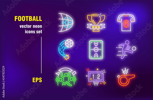 Football neon signs set. Soccer match, championship, winner cup, ball, players, fans, stadium. Night bright advertising. Vector illustration in neon style for banners, signboards, billboards