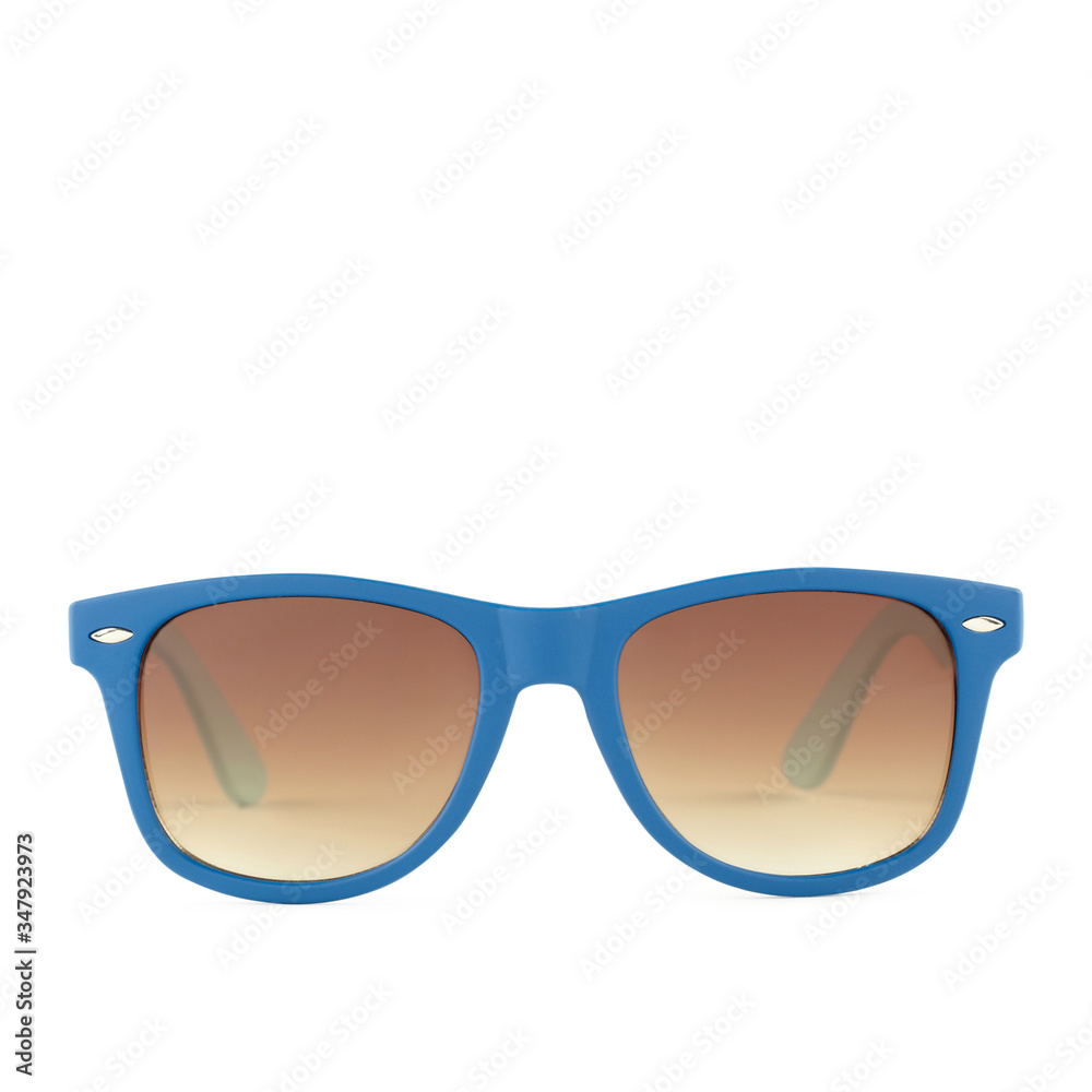 Blue color frames shades isolated white background. Women`s blue sunglasses isolated on white background.

