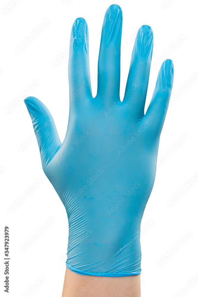 Obraz premium Male doctor hand in blue glove make gesture. Shot in studio. Isolated with clipping path on white background