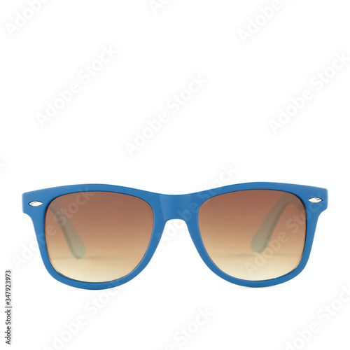 Blue color frames shades isolated white background. Women`s blue sunglasses isolated on white background. 