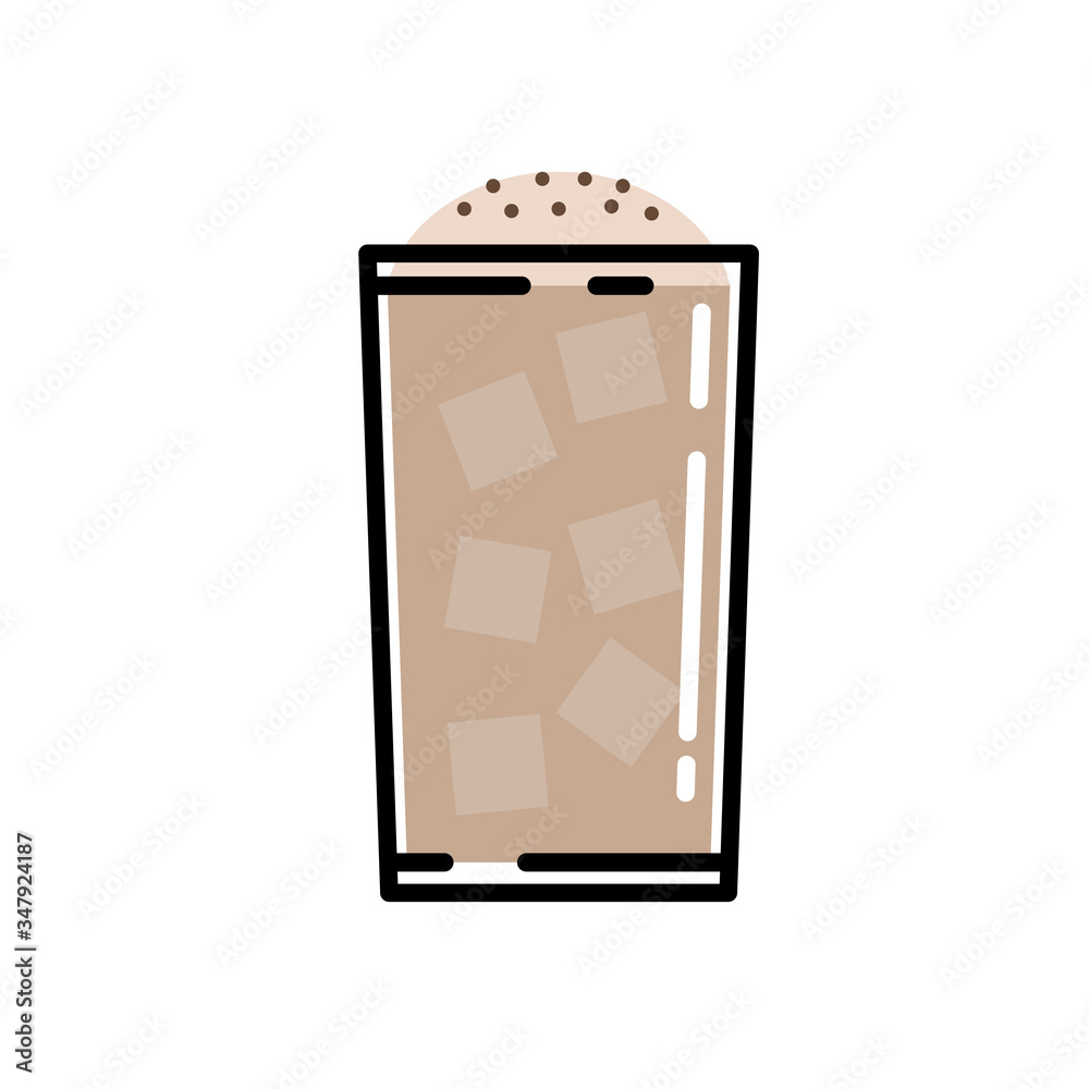 Vector illustration of a long glass of iced coffee with an isolated chocochip topping on a white background. Vector illustration of a long glass of iced coffee with an isolated chocochip topping on a white background.