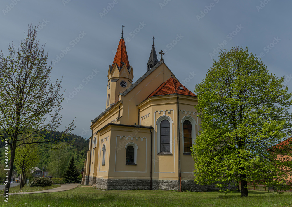 Church of saint Antonin Paduansky in Dolni Becva village in spring color day
