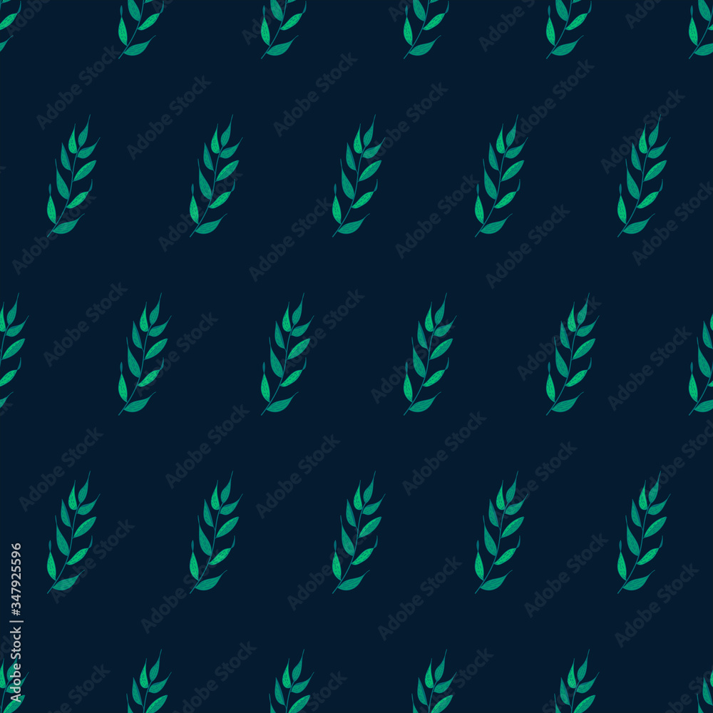 Green branches with leaves arranged evenly on a dark background. Simple layout vector seamless illustration. Endless pattern. Fabric, wrapping paper or template swatch. Cute twigs. 
