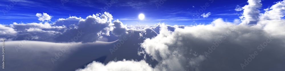 Beautiful clouds, panorama of clouds, flying in clouds, the sun above the clouds, 3D rendering - obrazy, fototapety, plakaty 