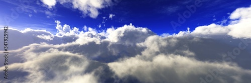 Beautiful clouds, panorama of clouds, flying in clouds, the sun above the clouds, 3D rendering