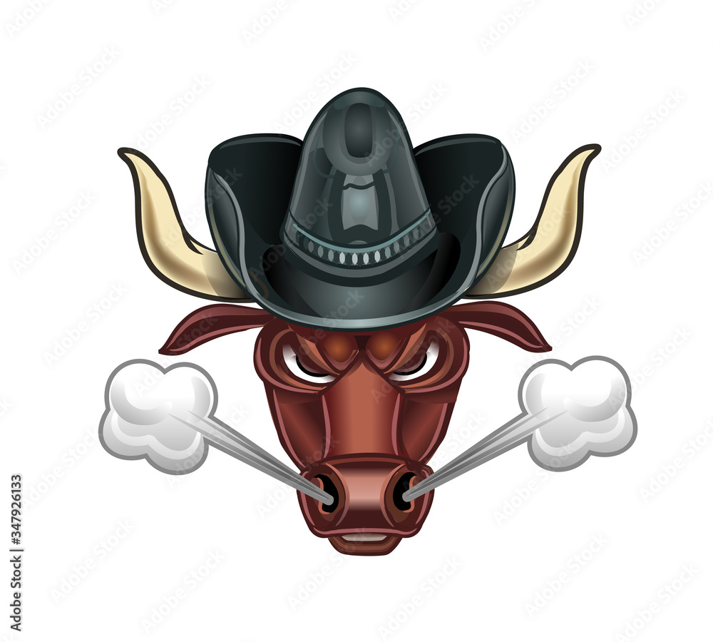 Head of an angry bull with horns in a cowboy hat. Cartoon style. A bull  releases steam from his nostrils. Vector illustration Stock Vector | Adobe  Stock
