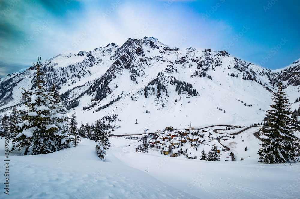 View from ski slope on-mountain village in Ski Arlberg