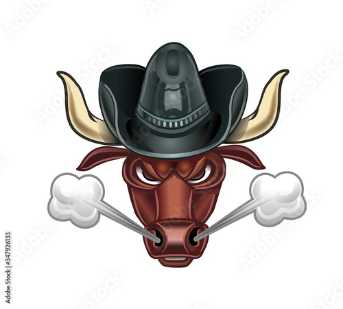 Head of an angry bull with horns in a cowboy hat. Cartoon style. A bull releases steam from his nostrils. Vector illustration