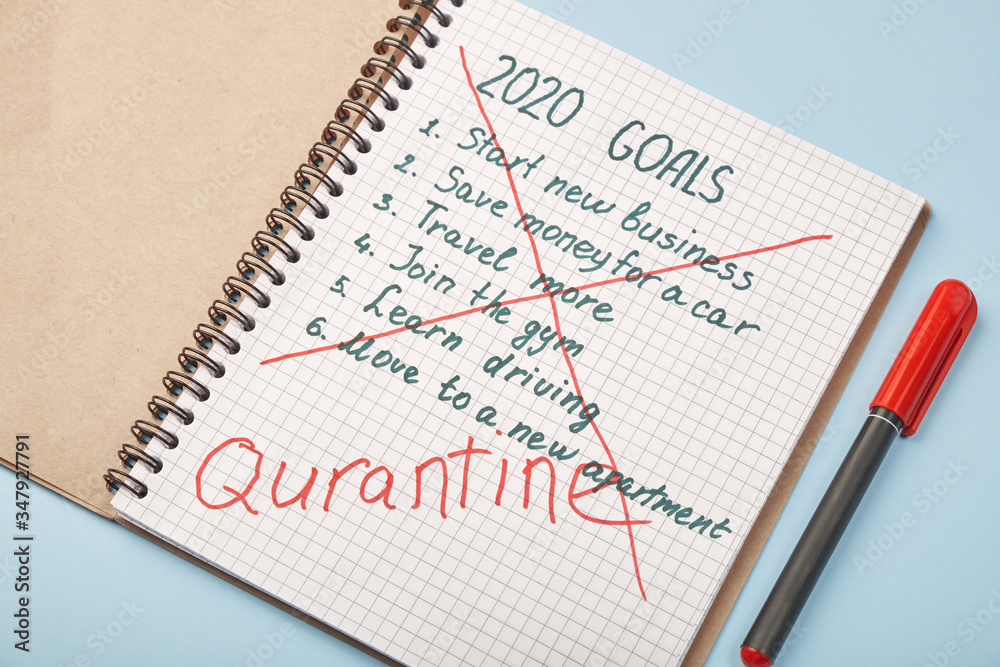 Notepad page with crossed out annual goals. Inscription Quarantine. Concept of change plans due to the coronavirus pandemic. Notepad page with crossed out annual goals. Inscription Quarantine. Concept of change plans due to the coronavirus pandemic.
