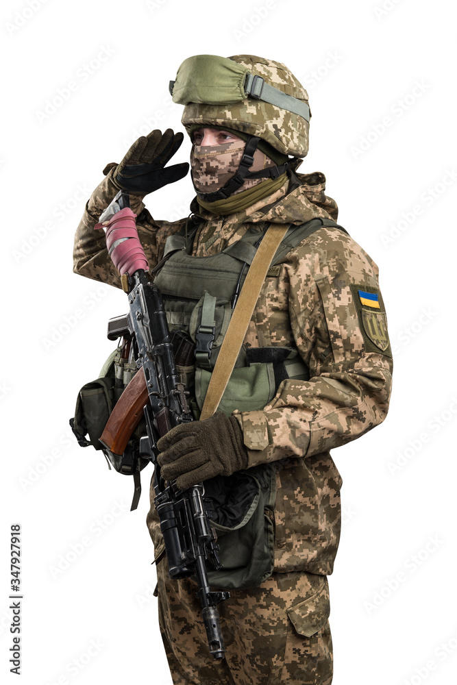 Ukraine officer in mechanized infantry uniform isolated with clipping path on white background. (Flag and arms of Ukraine on the shoulder. Patch on the chest with the inscription Ukraine in Ukrainian) Ukraine officer in mechanized infantry uniform isolated with clipping path on white background. (Flag and arms of Ukraine on the shoulder. Patch on the chest with the inscription Ukraine in Ukrainian)