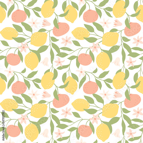 Fresh lemons, tangerines and leaves background. Hand drawn overlapping backdrop. Summer colorful wallpaper. Seamless pattern with hand drawn citrus fruits.Vector illustration.