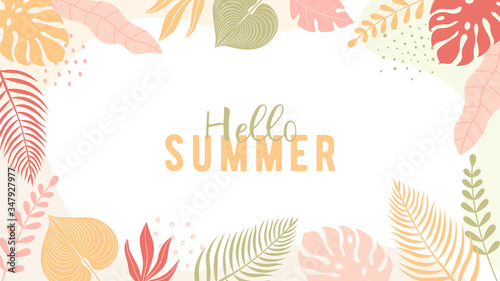 Trendy summer banner in simple flat style with copy space for text. Background with colorful plants and leaves. Vector design for greeting cards, posters, banners and placards.