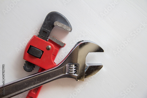 Male tools. Mechanic hand hold spanner tool. Happy Father's Day inscription with on white background. Greetings and presents. white card with the ability to insert text, copyspace, 