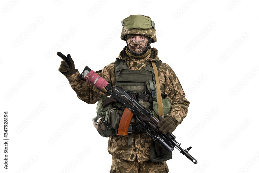 Ukraine officer in mechanized infantry uniform isolated with clipping path on white background. (Flag and arms of Ukraine on the shoulder. Patch on the chest with the inscription Ukraine in Ukrainian)