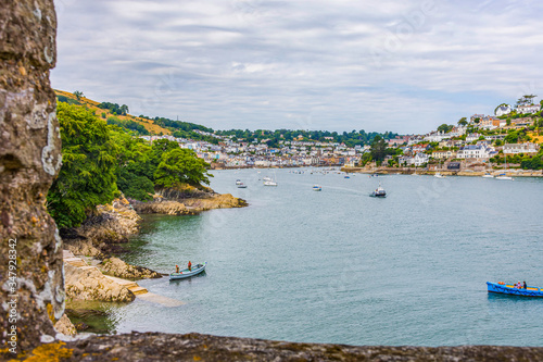 View from Dartmouth castle at Dartmouth Harbor and Kingswear at the River Dart. The Castle is an artillery fort, built to protect Dartmouth harbour