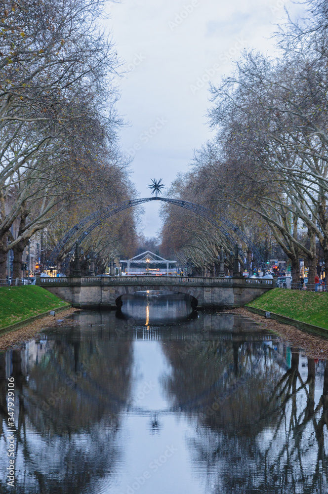 River in Dusseldorf, view from the bridge, late autumn - winter, Germany River in Dusseldorf, view from the bridge, late autumn - winter, Germany