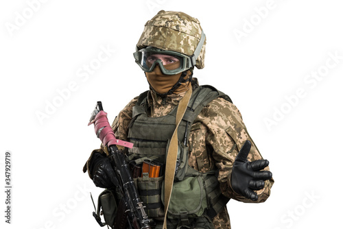 Ukraine officer in mechanized infantry uniform isolated with clipping path on white background. (Flag and arms of Ukraine on the shoulder. Patch on the chest with the inscription Ukraine in Ukrainian)