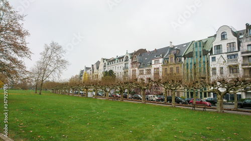 Dusseldorf street, grass and houses. Day, late autumn - winter, nature. Germany