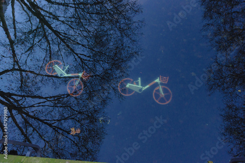 Two bicycles at the bottom of a river in Dusseldorf, Germany. Late Autumn - Winter