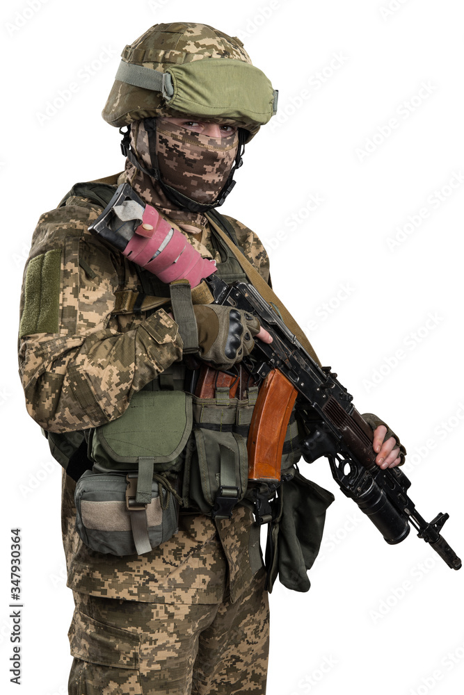Ukraine officer in mechanized infantry uniform isolated with clipping path on white background. (Flag and arms of Ukraine on the shoulder. Patch on the chest with the inscription Ukraine in Ukrainian) Ukraine officer in mechanized infantry uniform isolated with clipping path on white background. (Flag and arms of Ukraine on the shoulder. Patch on the chest with the inscription Ukraine in Ukrainian)