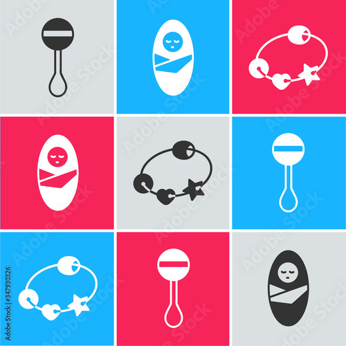 Set Rattle baby toy, Newborn baby infant swaddled and Rattle baby toy icon