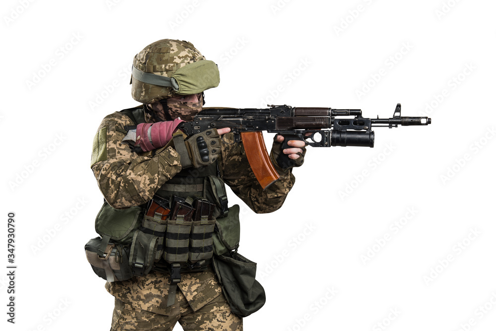 Ukraine officer in mechanized infantry uniform isolated with clipping path on white background. (Flag and arms of Ukraine on the shoulder. Patch on the chest with the inscription Ukraine in Ukrainian) Ukraine officer in mechanized infantry uniform isolated with clipping path on white background. (Flag and arms of Ukraine on the shoulder. Patch on the chest with the inscription Ukraine in Ukrainian)