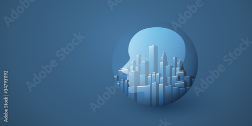 Smart City, Automated Digital Control, Deep Learning, Artificial Intelligence and Future Technology Concept Design with Cityscape and Human Head - Vector Illustration