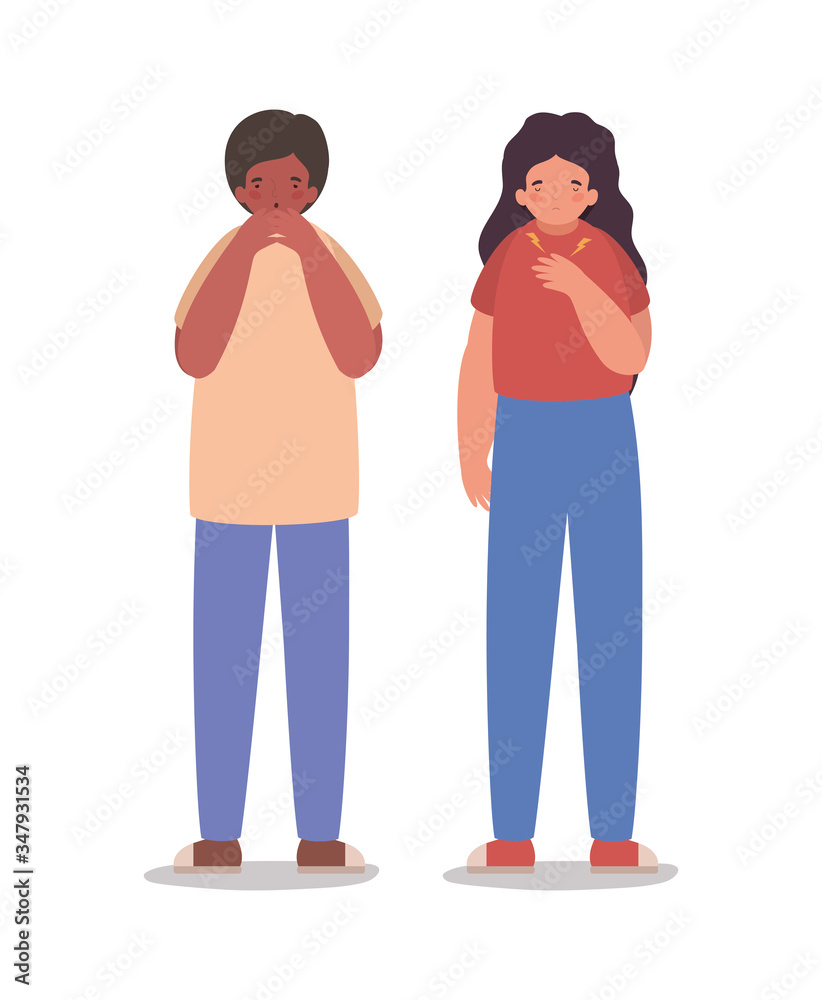 Obraz premium Girl and boy avatar with fatigue and dry cough vector design