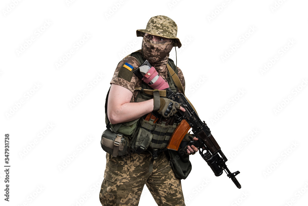 Ukraine officer in mechanized infantry uniform isolated with clipping path on white background. (Flag and arms of Ukraine on the shoulder. Patch on the chest with the inscription Ukraine in Ukrainian)