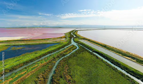 Multi Colored Water in Ponds and Stream in Salt Marsh in SF Bay Aerial