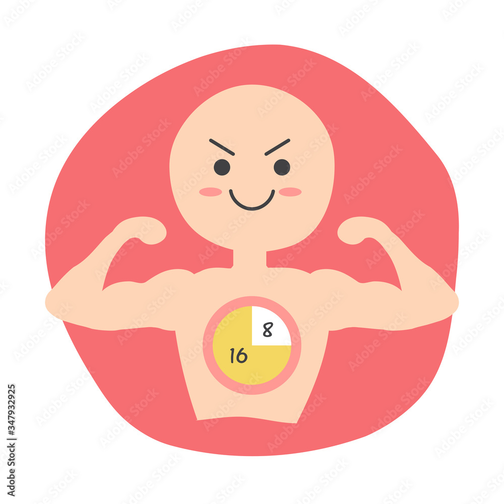 Cute cartoon of human is flex muscle during intermittent fasting 16/8. Concept of fasting diet. Cute cartoon of human is flex muscle during intermittent fasting 16/8. Concept of fasting diet.