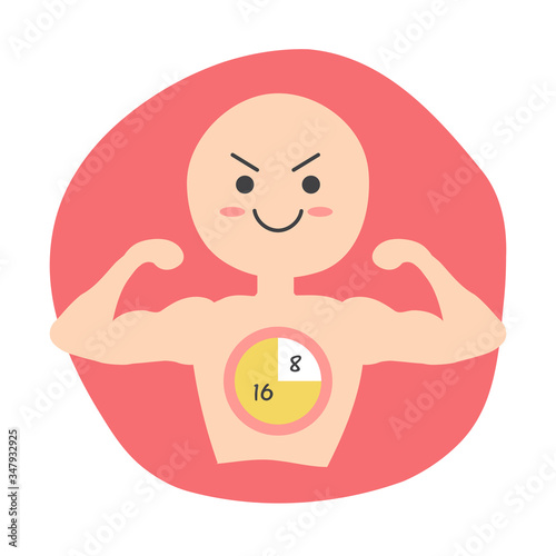 Cute cartoon of human is flex muscle during intermittent fasting 16/8. Concept of fasting diet.