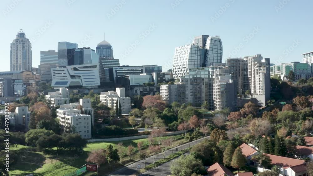 Aerial view of the Sandton skyline on a sunny day in Johannesburg, South Africa.