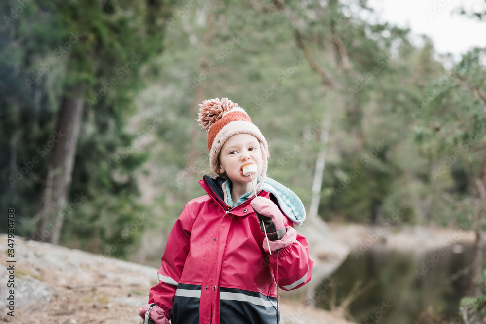 young girl eating marshmallows whilst camping in a forest in Sweden young girl eating marshmallows whilst camping in a forest in Sweden