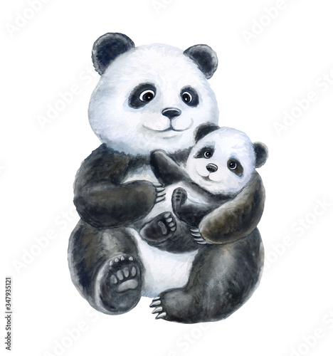 Panda. Mom and baby isolated on white background. Cute cartoon animals with a smile. Motherhood. A family. Template. Illustration. Watercolor. Mother s Day. Poster. Postcard