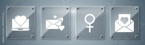Set Envelope with heart, Female gender symbol, Envelope with heart and Laptop with heart. Square glass panels