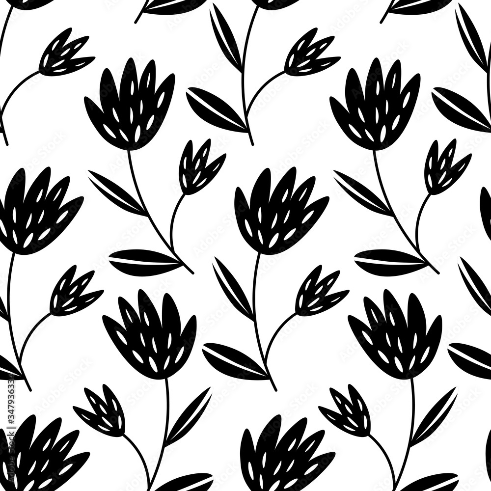 Seamless floral pattern based on traditional folk art ornaments. Black flowers on white background. Scandinavian style. Sweden nordic style. Vector illustration for fabric, textile, wallpaper. Seamless floral pattern based on traditional folk art ornaments. Black flowers on white background. Scandinavian style. Sweden nordic style. Vector illustration for fabric, textile, wallpaper.