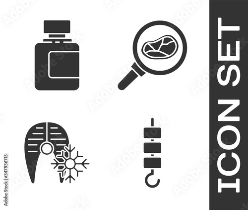 Set Grilled shish kebab on skewer stick, Sauce bottle, Fresh frozen fish steak and Steak meat in frying pan icon
