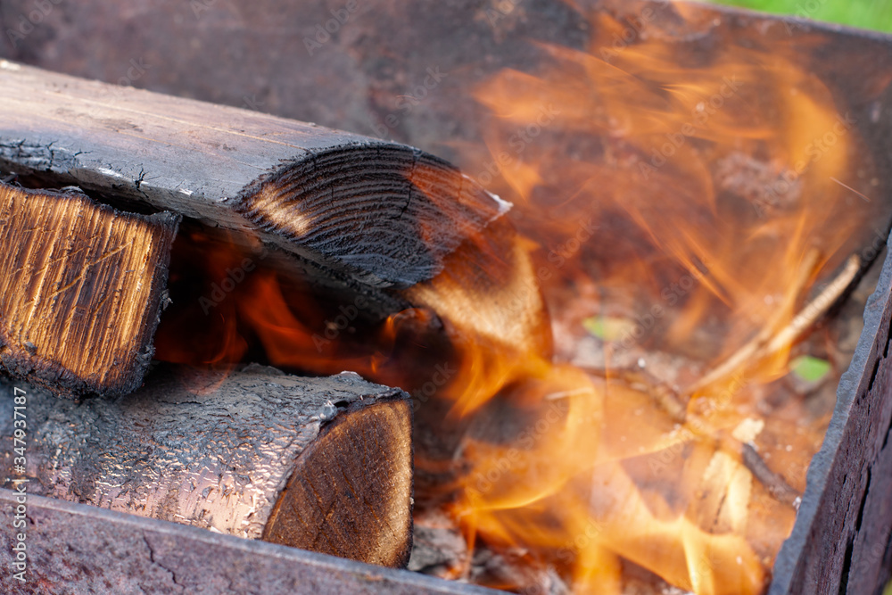 burning wood in the grill. bright fire.