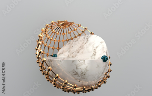 marble ball inside the cage, abstract geometric shape group set, grey studio background, round gold cage, 3d rendering, scene with geometrical forms, fashion minimalistic scene, simple clean design