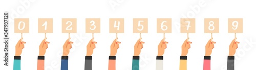 Vote ranking. Hands holding tables with numbers. Isolated flat number plates, jury competition rating of goods or reviews vector set photo