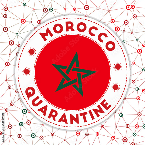 Quarantine in Morocco sign. Round badge with flag of Morocco. Country lockdown emblem with title and virus signs. Vector illustration.