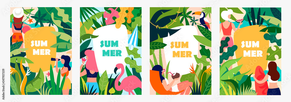 Summer set of templates for posters, banners, covers, flyers, frames, brochures. Tropical plants. Jungle. Girls on vacation. Vector flat cartoon illustration. Summer set of templates for posters, banners, covers, flyers, frames, brochures. Tropical plants. Jungle. Girls on vacation. Vector flat cartoon illustration.