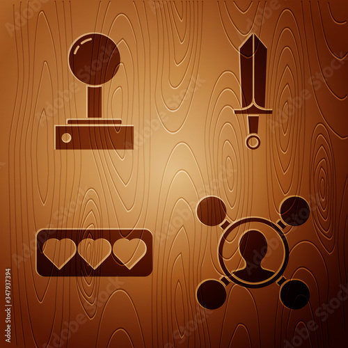 Set Share, Joystick for arcade machine, Like and heart and Sword for game on wooden background