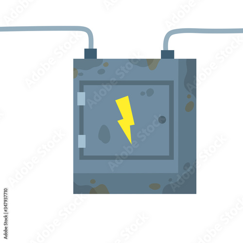 Switchboard. Electrical wires in box. High voltage sensor. Technical industrial appliance. Danger sign - yellow lightning. Current switch. Cartoon flat illustration. Fuse and electrical engineering
