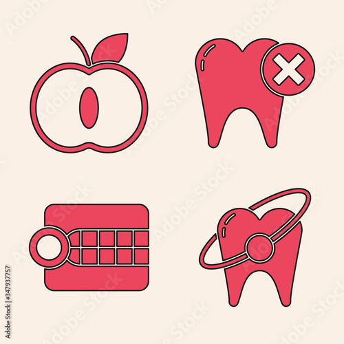 Set Tooth whitening concept, Apple, Tooth with caries and Dentures model icon