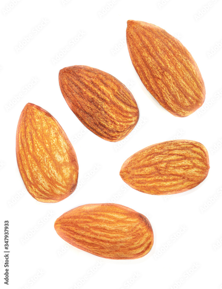 Almonds isolated. Raw Almond nuts on white background. Top view. Flat lay Collection. Close-up. Almonds isolated. Raw Almond nuts on white background. Top view. Flat lay Collection. Close-up.