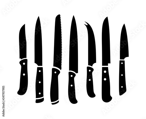 Kitchen knives black silhouettes. Sharp cooking knife set isolated on white background, vector stainless steel restaurant knifes for work and chef, prepared beef accessories