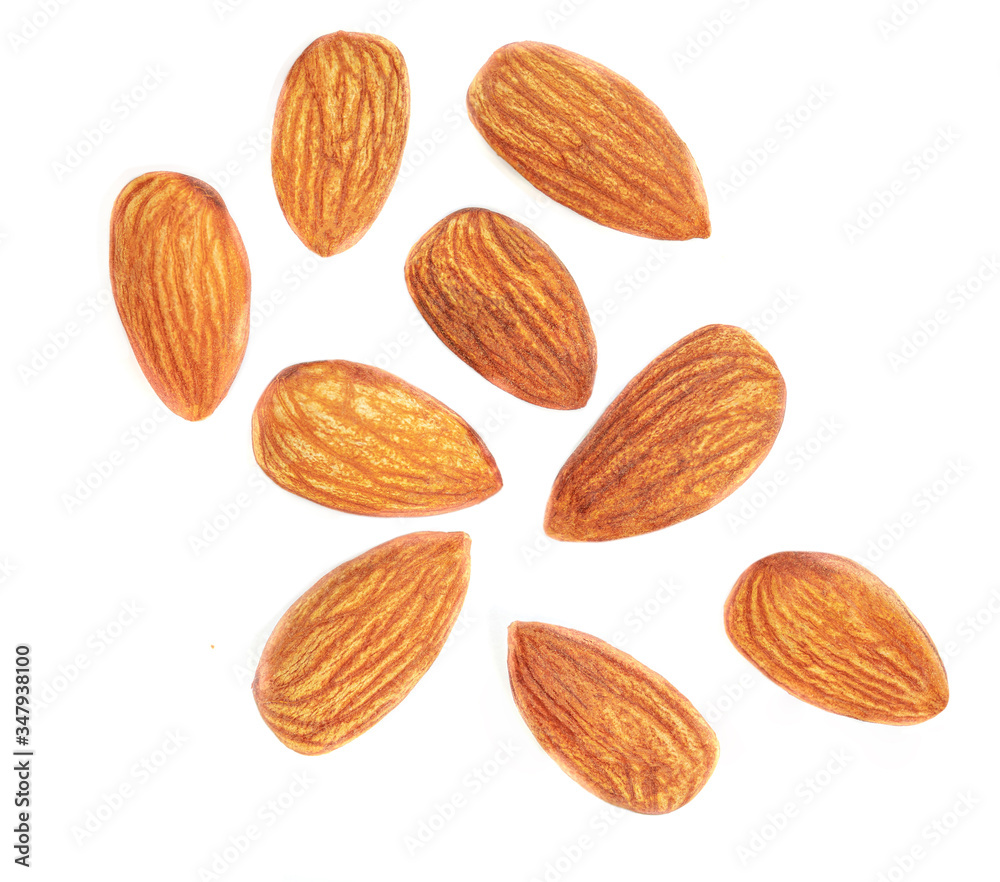 Almonds isolated. Raw Almond nuts on white background. Top view. Flat lay Collection. Close-up.