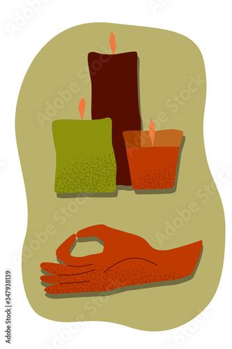 Wellness essentials vector set. Taking care of yourself while staying home. Candles and meditation hand.